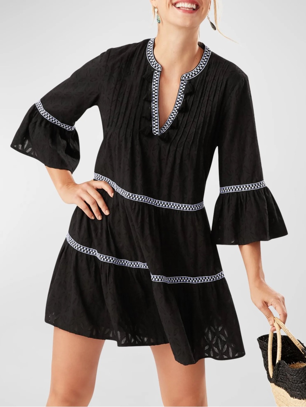 Tommy Bahama Black Embroidered Tiered Mini Dress